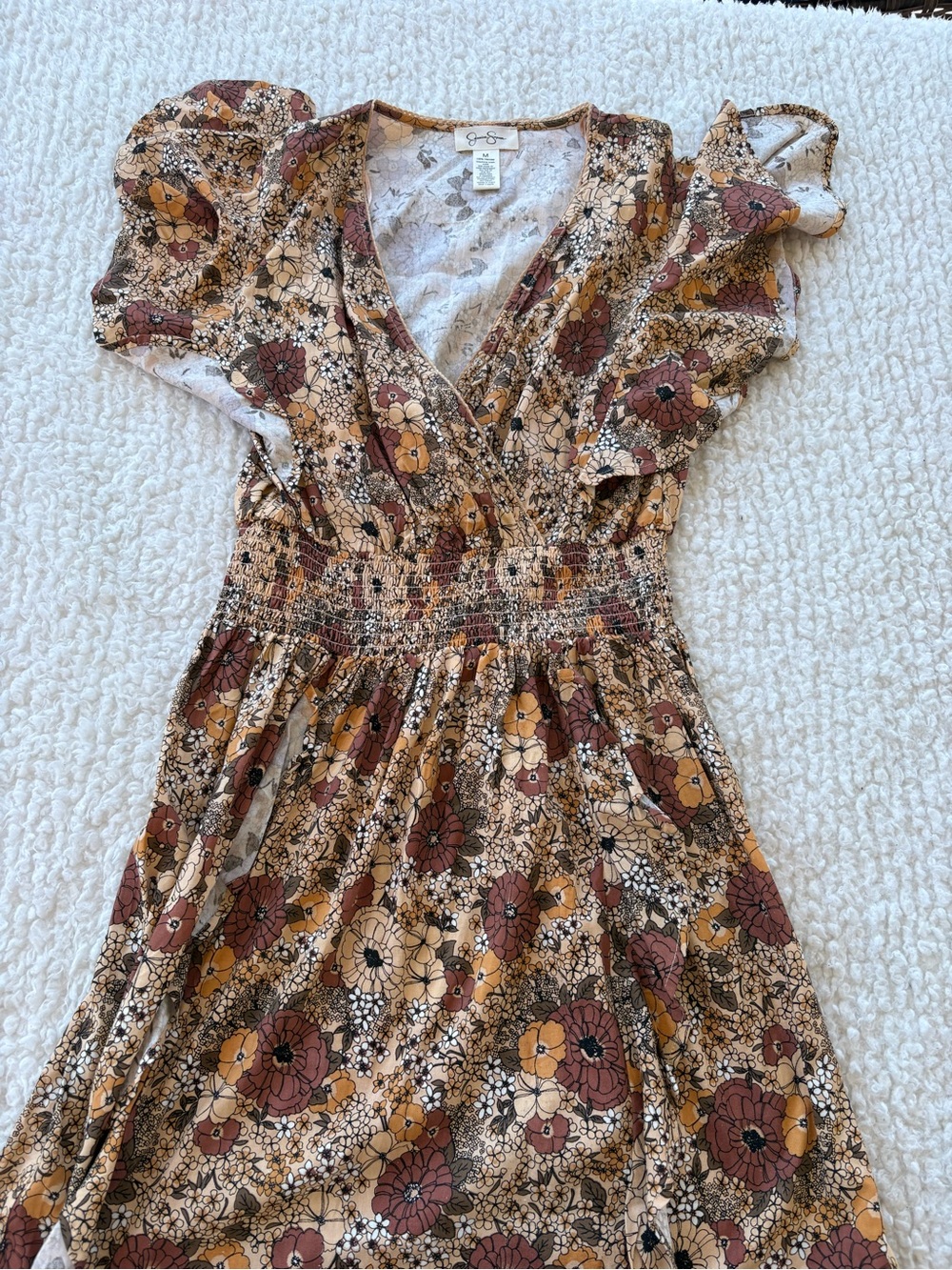 Jessica Simpson  Floral V-Neck Smocked Waist Maxi Dress - Brown & Mustard